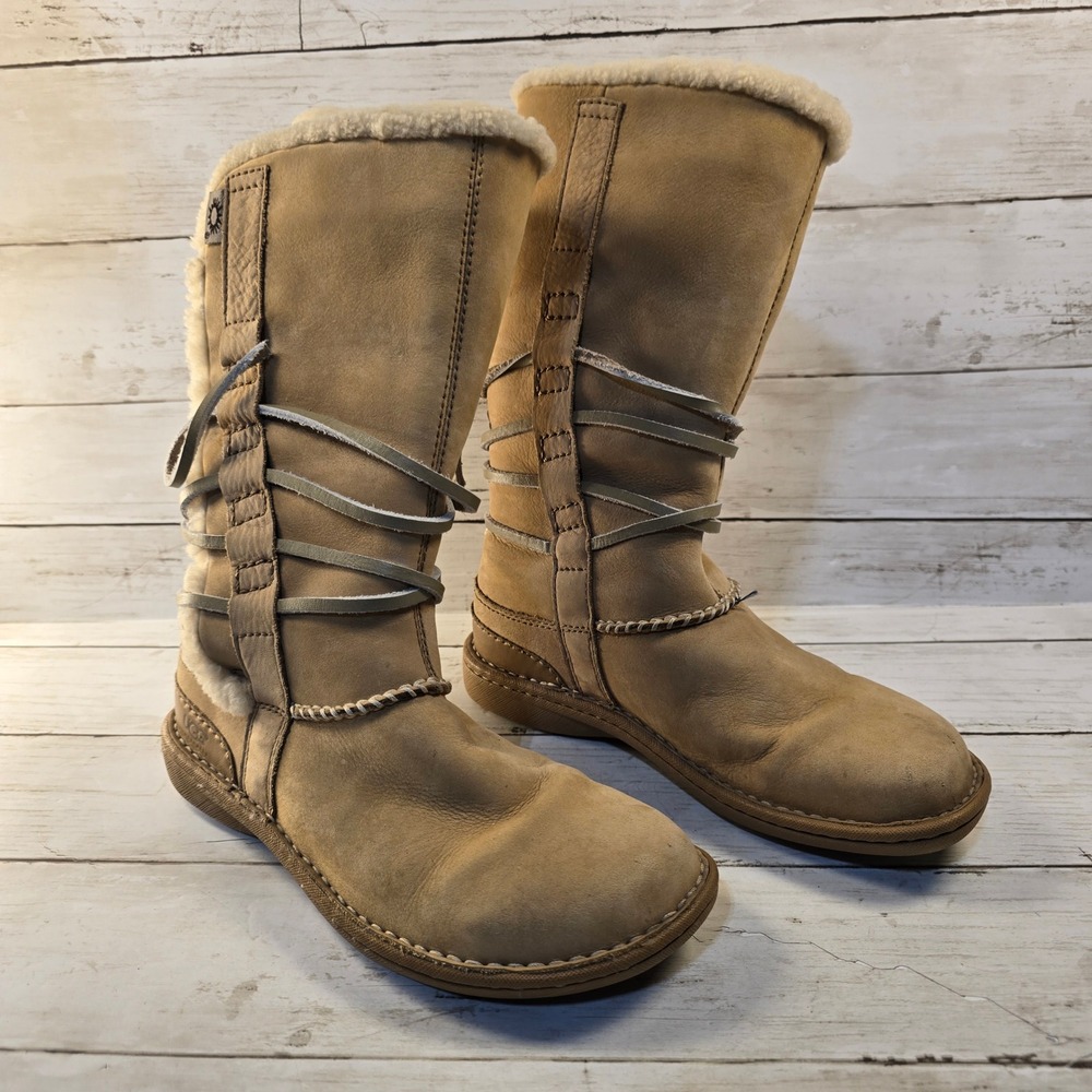 UGG Australia Sunburst Tall Sheepskin Boots Tan Leather Lace Up 1534 Womens 6